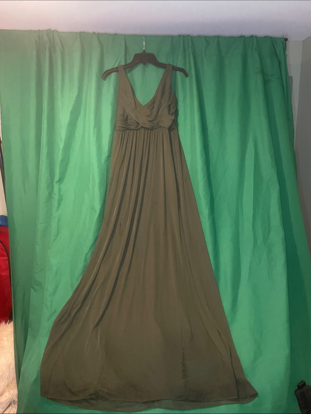 Olive Green Sleeveless Maxi Dress. Dave’s bridal.size4